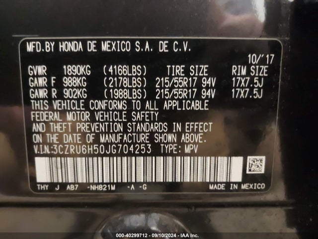 Honda HR-V EX 2018 3CZRU6H50JG704253 Image 9
