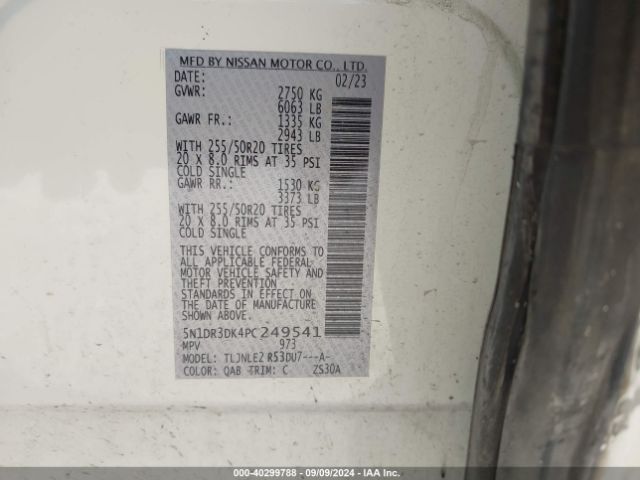 5N1DR3DK4PC249541 Nissan Pathfinder Platinum 4wd