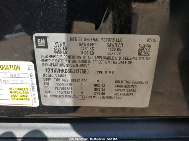1GNKVHKD6GJ127680 Chevrolet Traverse 2lt