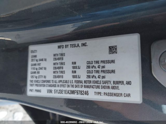 5YJ3E1EA3MF978246 Tesla Model 3 Standard Range Plus Rear-wheel Drive