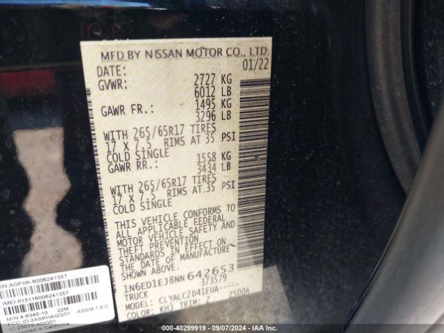 1N6ED1EJ8NN642653 Nissan Frontier