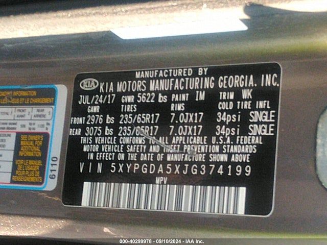 KIA Sorento 3.3l Lx 2018 5XYPGDA5XJG374199 Image 9