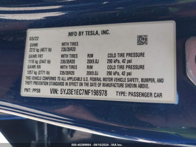 5YJ3E1EC7NF198978 Tesla Model 3 Performance Dual Motor All-wheel Drive