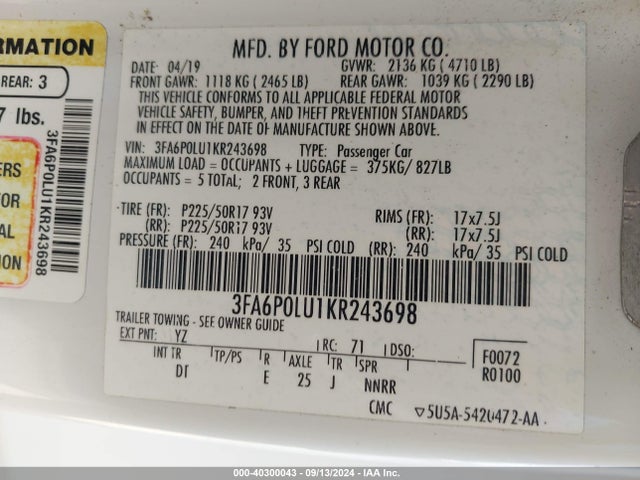 Ford Fusion Hybrid Se 2019 3FA6P0LU1KR243698 Image 9