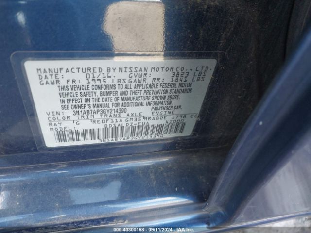 3N1AB7AP3GY214390 Nissan Sentra Fe+ S/s/sl/sr/sv