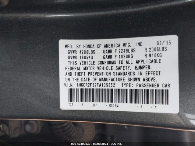 Honda ACCORD LX 2015 1HGCR2F37FA135352 Image 9