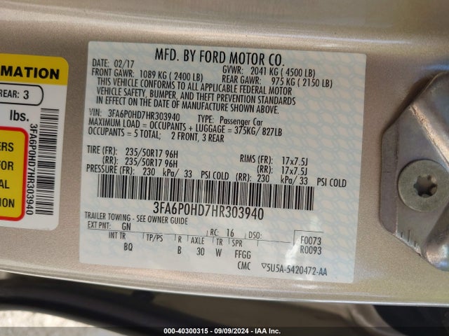 Ford FUSION SE 2017 3FA6P0HD7HR303940 Image 9