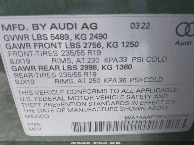 2022 AUDI Q5 SPORTBACK WA14AAFY8N2090456 Photo 8