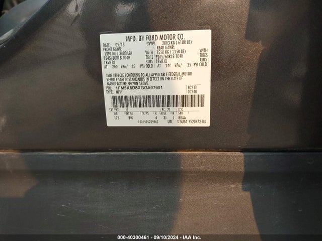 Ford EXPLORER XLT 2016 1FM5K8D8XGGA07601 Image 9