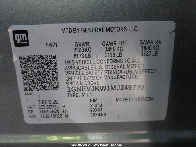 Chevrolet Traverse Awd Rs 2021 1GNEVJKW1MJ249770 Image 9