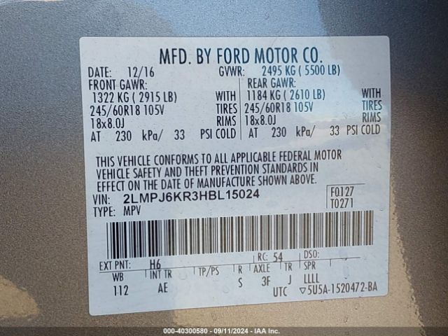 2LMPJ6KR3HBL15024 Lincoln Mkx Select