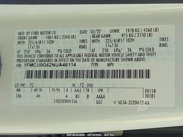 Ford ESCAPE SE 2022 1FMCU0G62NUA46114 Image 9