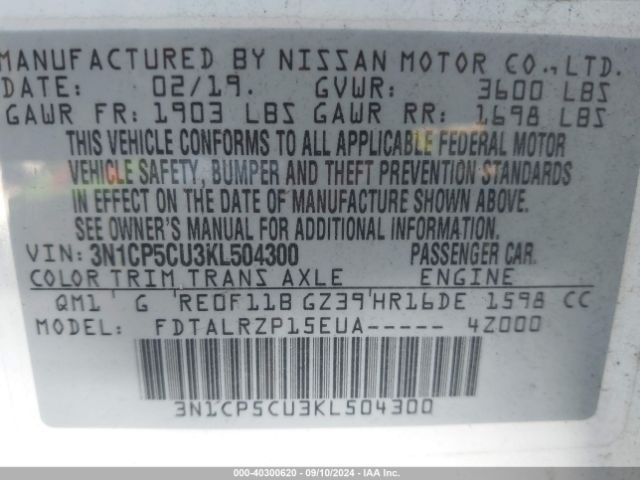 3N1CP5CU3KL504300 Nissan KICKS S