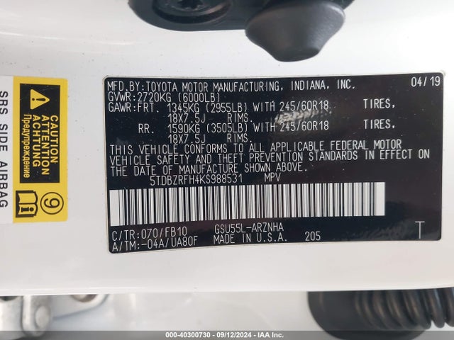 5TDBZRFH4KS988531 Toyota Highlander Le/le Plus