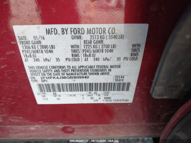 2FMPK4J98GBB09940 Ford EDGE SEL