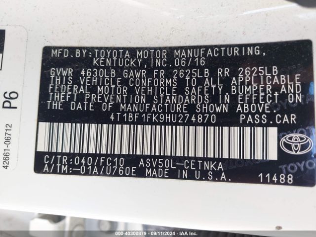 4T1BF1FK9HU274870 Toyota CAMRY LE