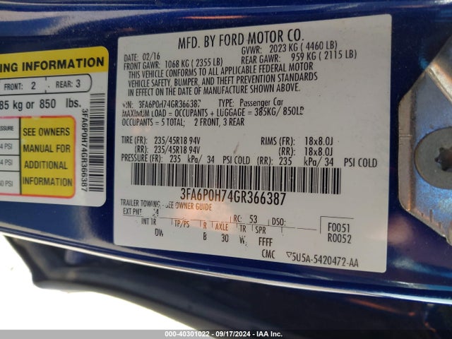 Ford FUSION SE 2016 3FA6P0H74GR366387 Image 9