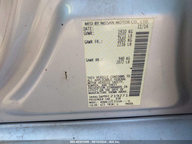1N4AL3AP9FC219271 Nissan Altima 2.5 Sv