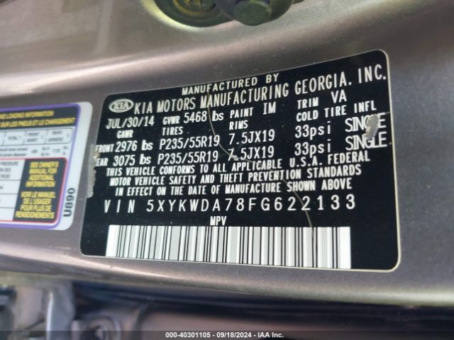 5XYKWDA78FG622133 KIA Sorento Sx V6