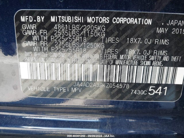 2019 MITSUBISHI OUTLANDER JA4AD2A39KZ054578 Photo 8