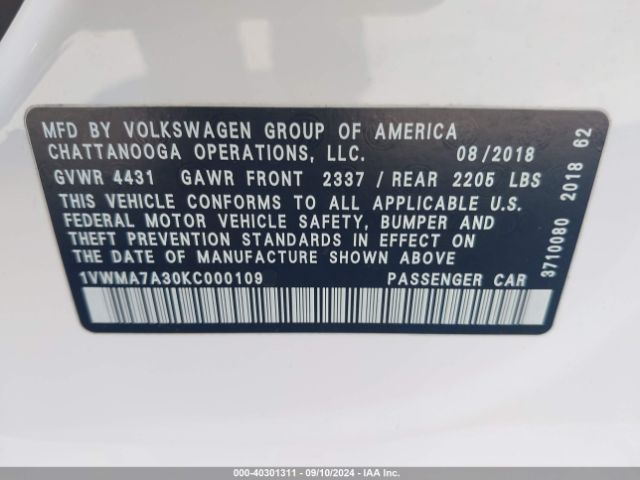 1VWMA7A30KC000109 Volkswagen Passat 2.0t Se R-line