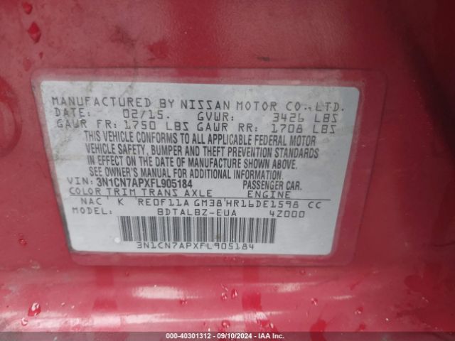 3N1CN7APXFL905184 Nissan Versa 1.6 Sv