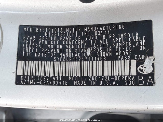 Toyota COROLLA L 2014 5YFBURHE2EP111468 Image 9