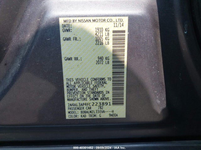 Nissan Altima 2.5 Sv 2015 1N4AL3AP4FC223891 Image 9