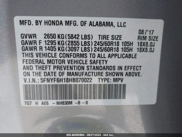 5FNYF6H18HB070022 Honda PILOT LX
