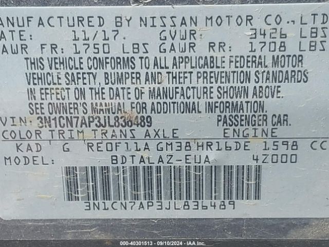 3N1CN7AP3JL836489 Nissan Versa 1.6 S+