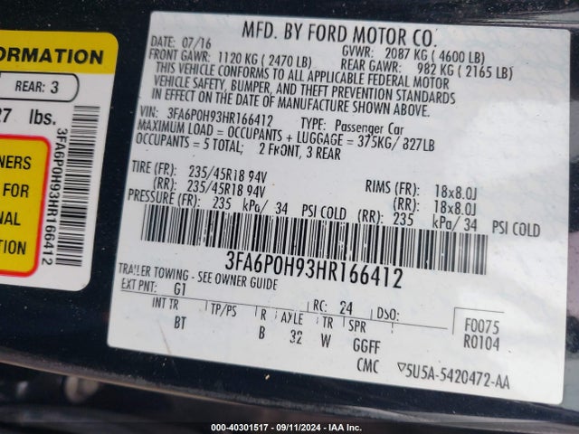 Ford FUSION SE 2017 3FA6P0H93HR166412 Image 9