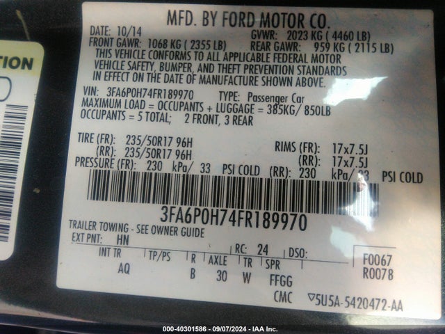 Ford FUSION SE 2015 3FA6P0H74FR189970 Image 9