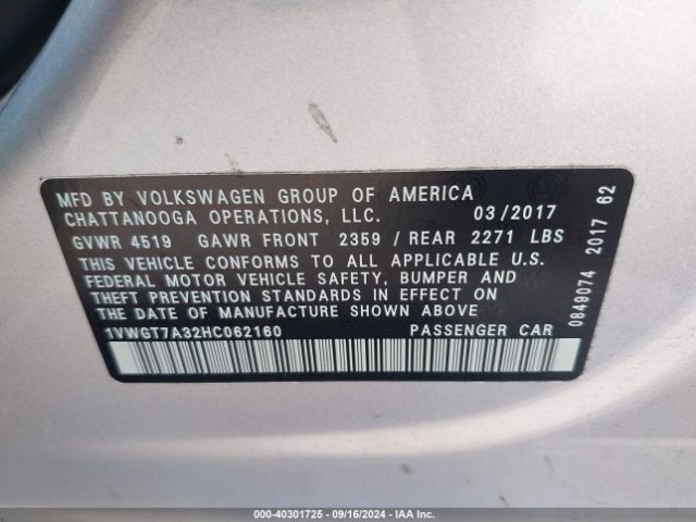 1VWGT7A32HC062160 Volkswagen Passat 1.8t Se