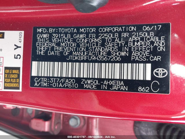 Toyota Prius Two 2017 JTDKBRFU9H3567206 Image 9