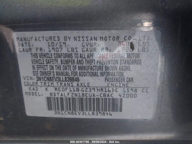 Nissan Versa Sv Xtronic Cvt 2020 3N1CN8EV3LL839846 Image 9