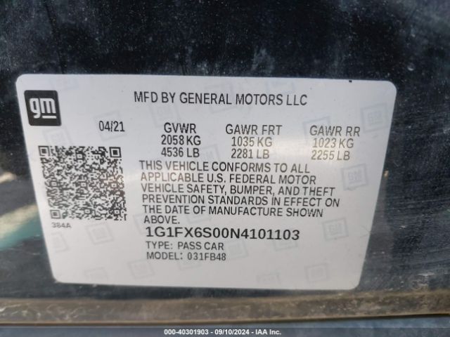1G1FX6S00N4101103 Chevrolet Bolt Ev Fwd 2lt