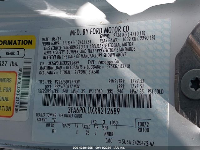 3FA6P0LUXKR212689 Ford Fusion Hybrid Se