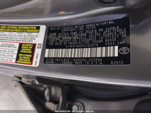 4T1K61AK9PU763078 Toyota CAMRY XSE