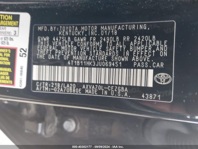 4T1B11HK3JU069451 Toyota CAMRY XLE