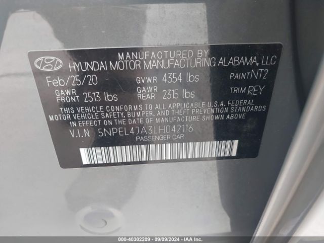 5NPEL4JA3LH042116 Hyundai SONATA SEL