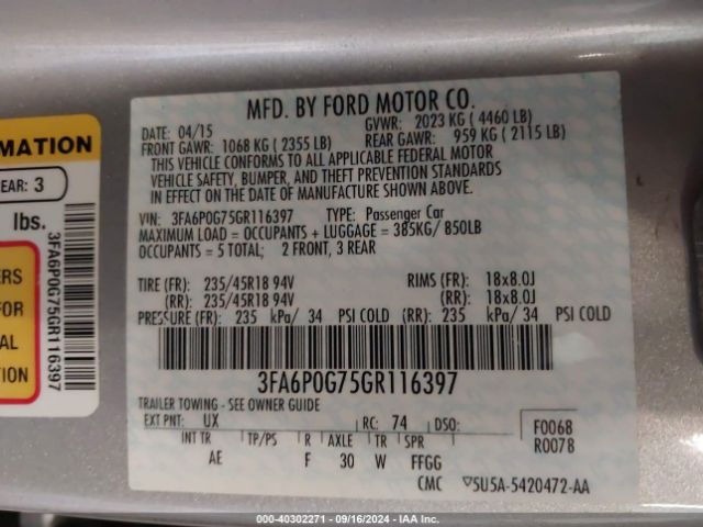 3FA6P0G75GR116397 Ford FUSION S