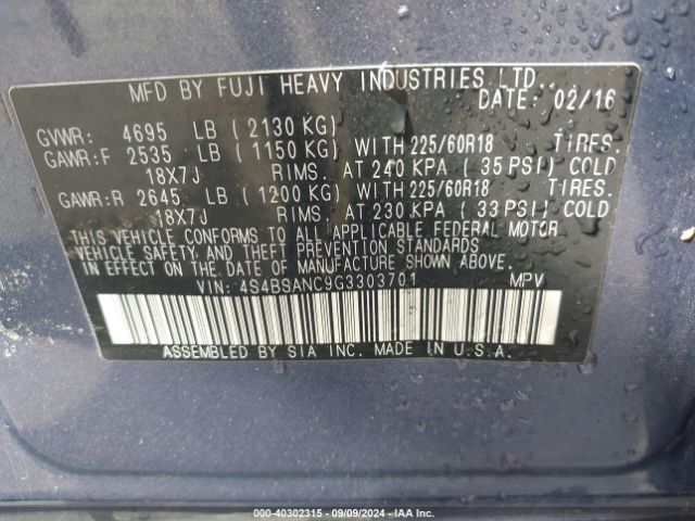 4S4BSANC9G3303701 Subaru Outback 2.5i Limited