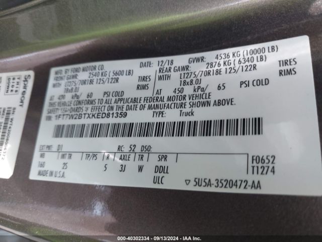 1FT7W2BTXKED81359 Ford F-250 Xlt