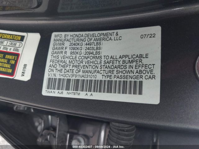 2022 HONDA ACCORD 1HGCV3F91NA031010 Photo 8