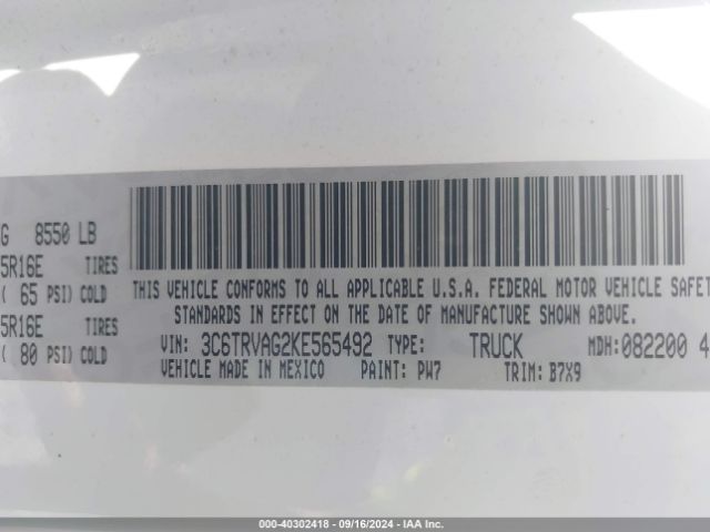 3C6TRVAG2KE565492 RAM Promaster 1500 Low Roof 136 Wb