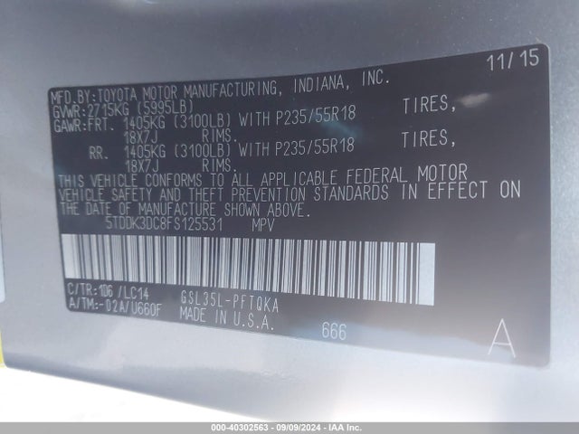 Toyota Sienna Xle 7 Passenger 2015 5TDDK3DC8FS125531 Image 9