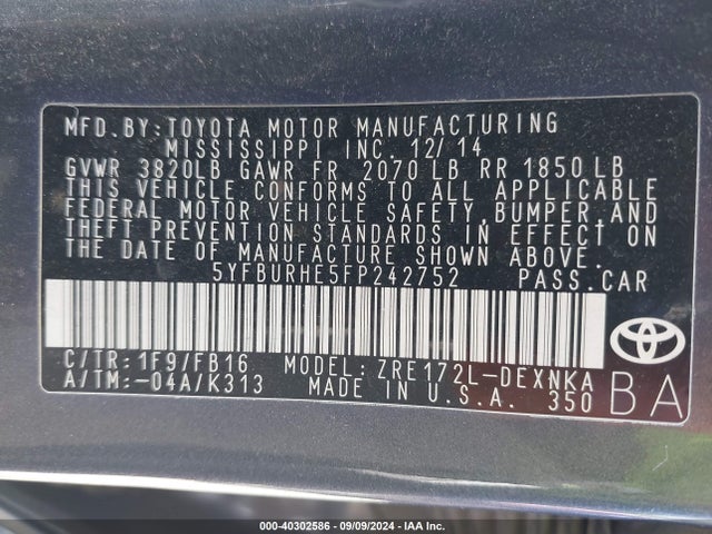 Toyota COROLLA LE 2015 5YFBURHE5FP242752 Image 9