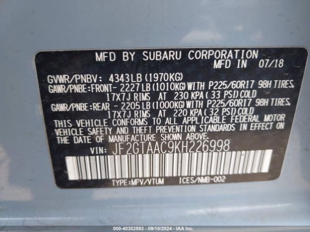 JF2GTAAC9KH226998 Subaru Crosstrek 2.0i