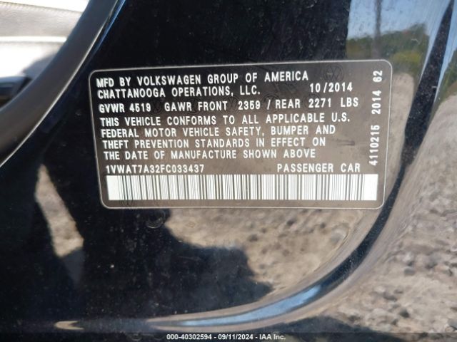 1VWAT7A32FC033437 Volkswagen Passat 1.8t Wolfsburg Edition