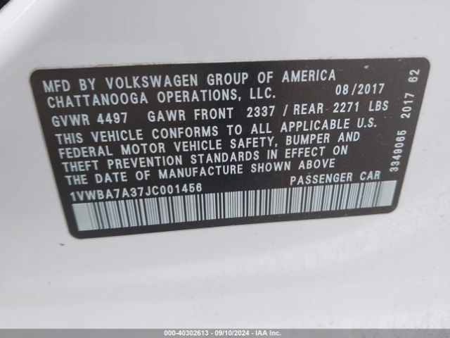 1VWBA7A37JC001456 Volkswagen Passat 2.0t Se